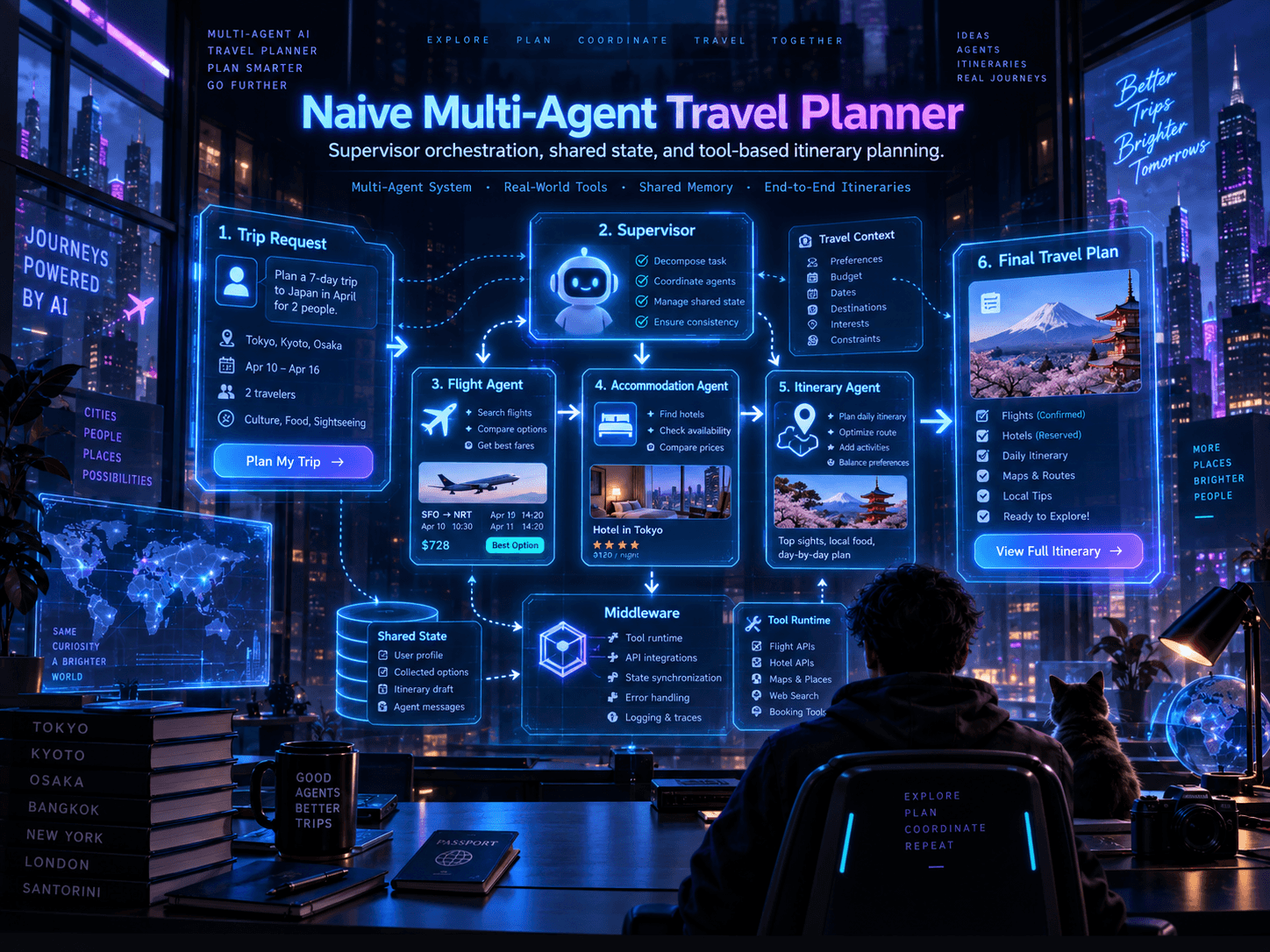 Naive Multi-Agent Travel Planner supervisor and specialist agent workflow